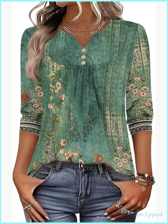 Tops - Dressy Casual Henley V Neck Blouse 3/4 Sleeve Loose Fit Tunic Summer Top